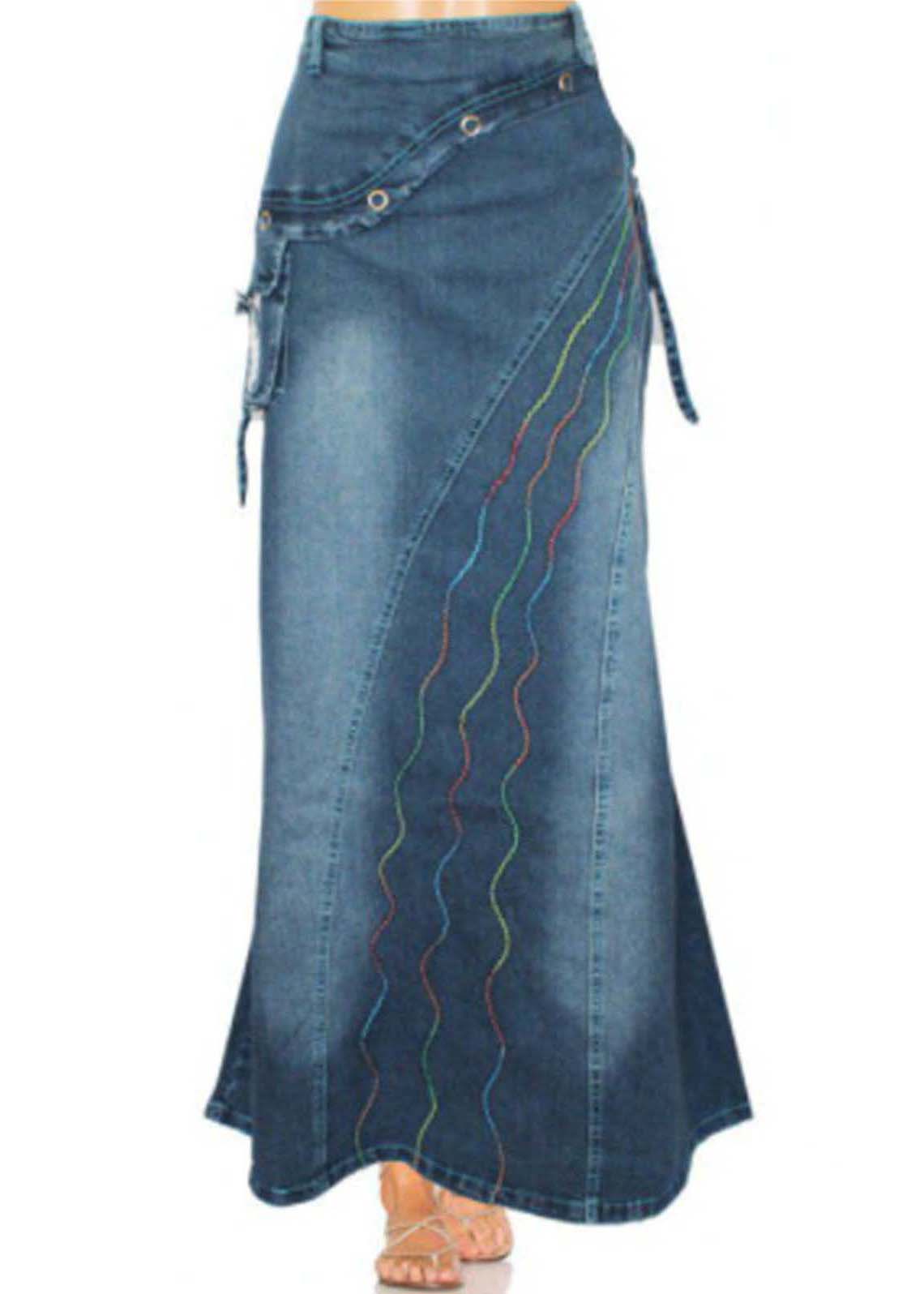 Boho Blue Broideried Patchwork Denim Jirts Summer