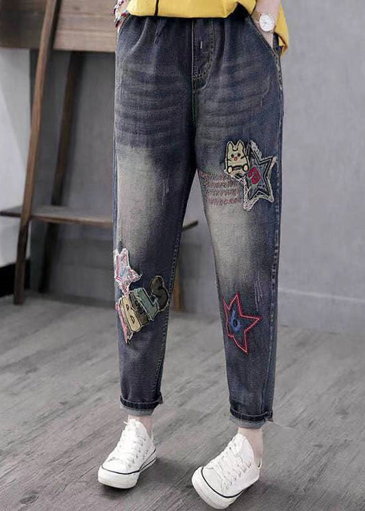 Boho Blue Broideried Pockets Patchwork High Waist Denim Pants printemps