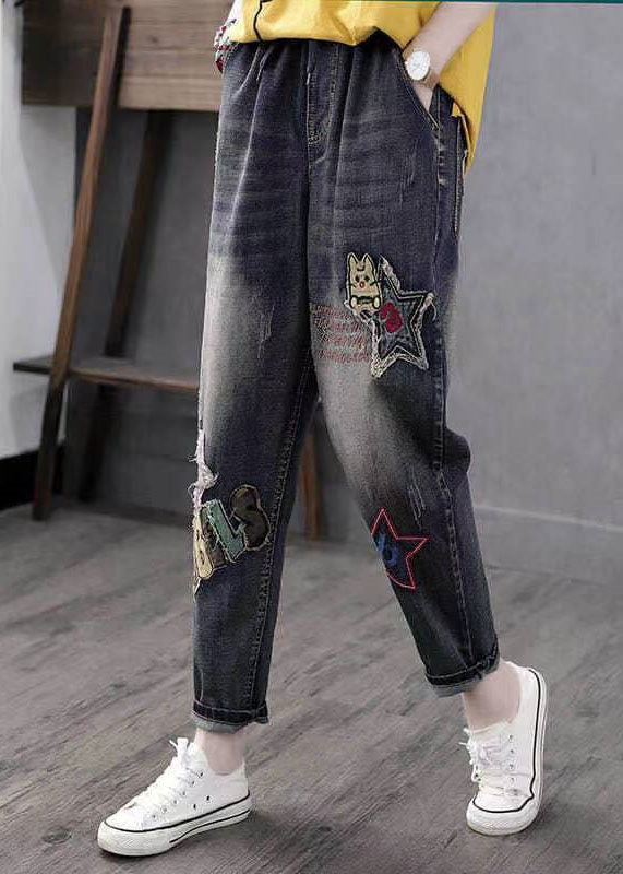 Boho Blue Broideried Pockets Patchwork High Waist Denim Pants printemps