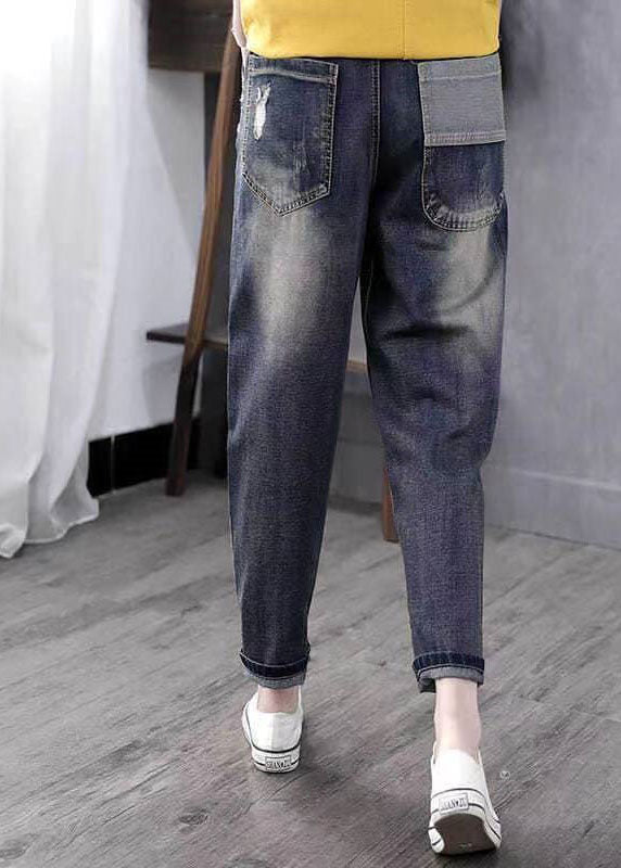 Boho Blue Broideried Pockets Patchwork High Waist Denim Pants printemps