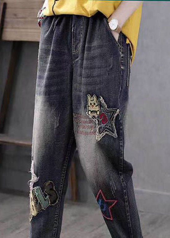 Boho Blue Broideried Pockets Patchwork High Waist Denim Pants printemps