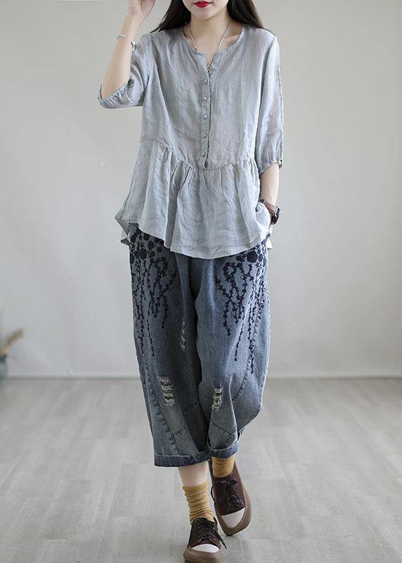 Boho Blue Embroideried Summer Denim Pants - SooLinen