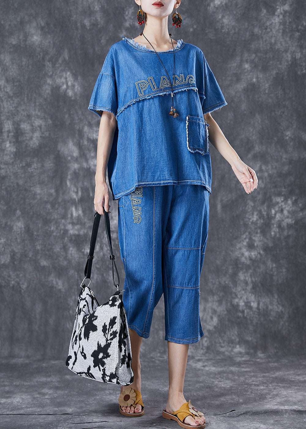 Boho Blue Letter Patchwork Broideried Denim Deux pièces Set Summer