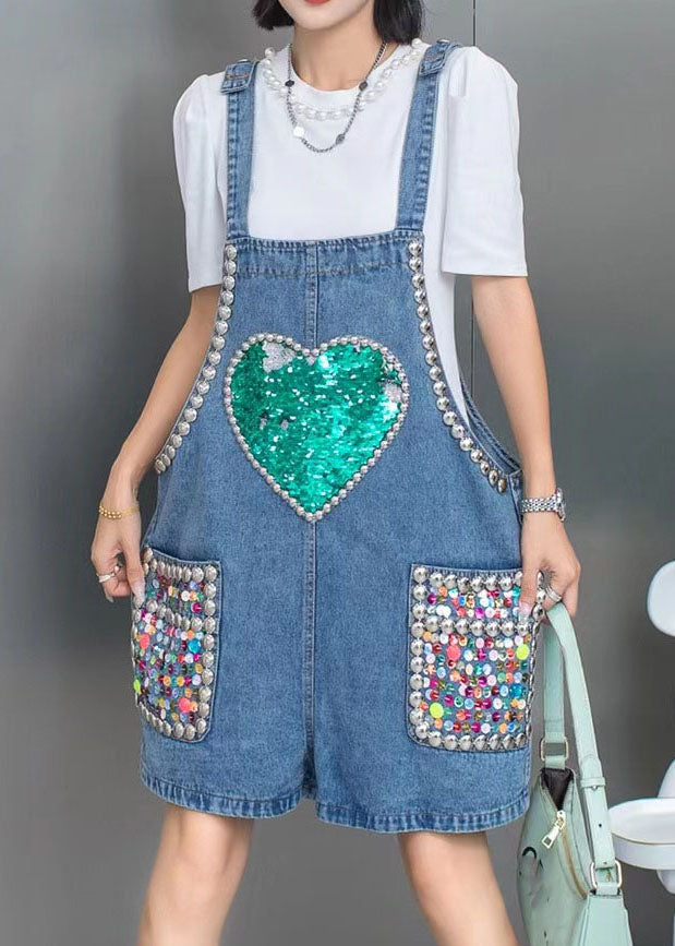 Boho Blue Nail Bead Sequins Patchwork Denim Jumps Suit Sumts Summer