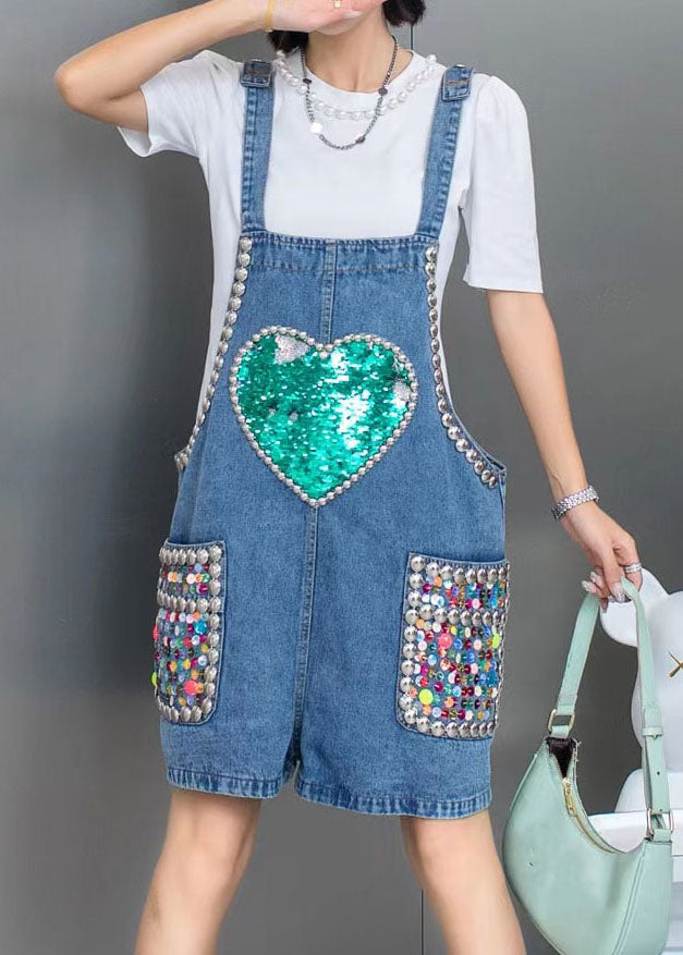 Boho Blue Nail Bead Sequins Patchwork Denim Jumps Suit Sumts Summer