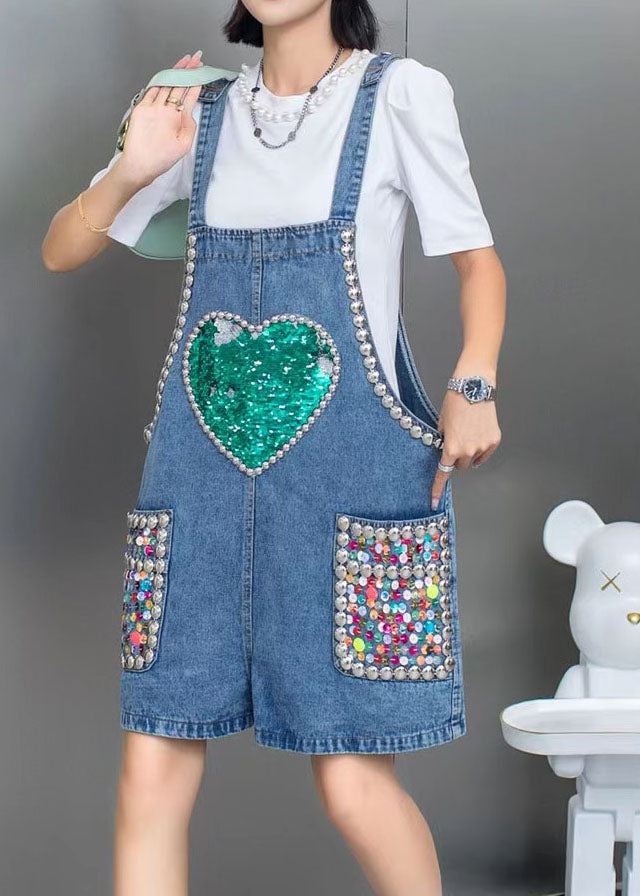 Boho Blue Nail Bead Sequins Patchwork Denim Jumps Suit Sumts Summer