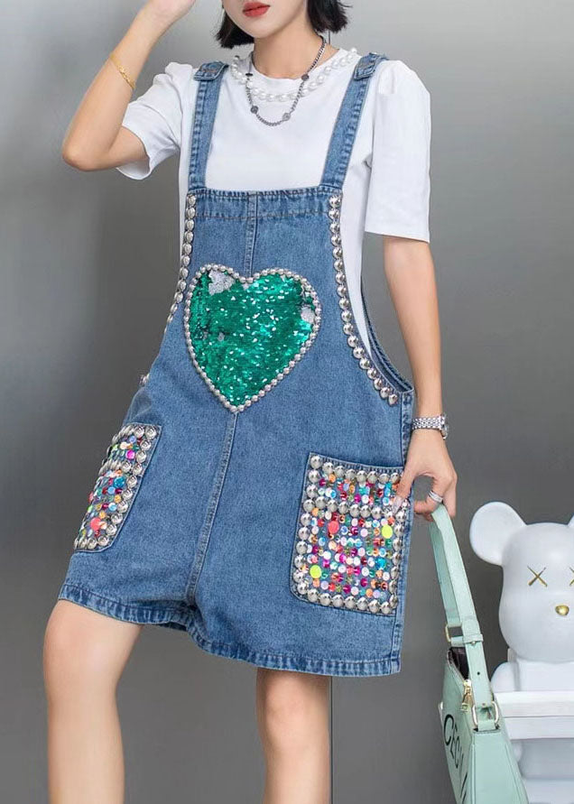 Boho Blue Nail Bead Sequins Patchwork Denim Jumps Suit Sumts Summer