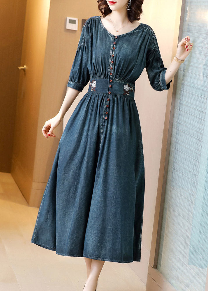 Boho Blue O-Neck TUNICE TUNIQUE DENIM DENIM MAXI ROBLE LONGE LONGE