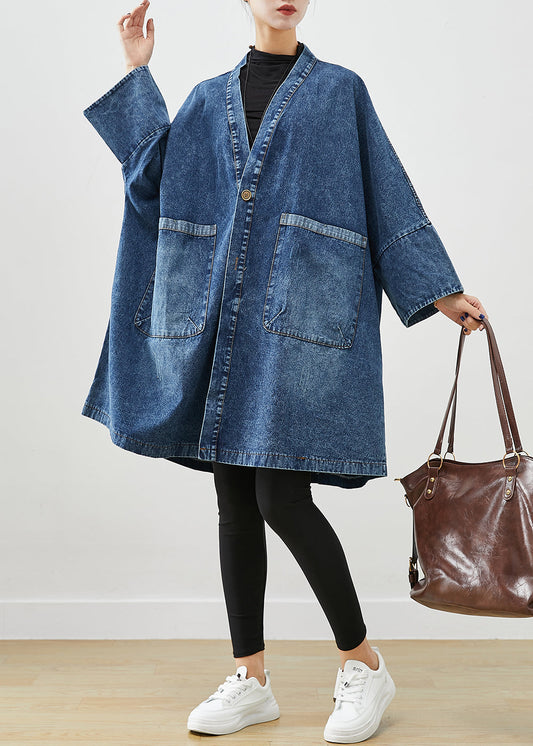 Boho Blue Surdimension Pockets Trench Coats Batwing Sleeve