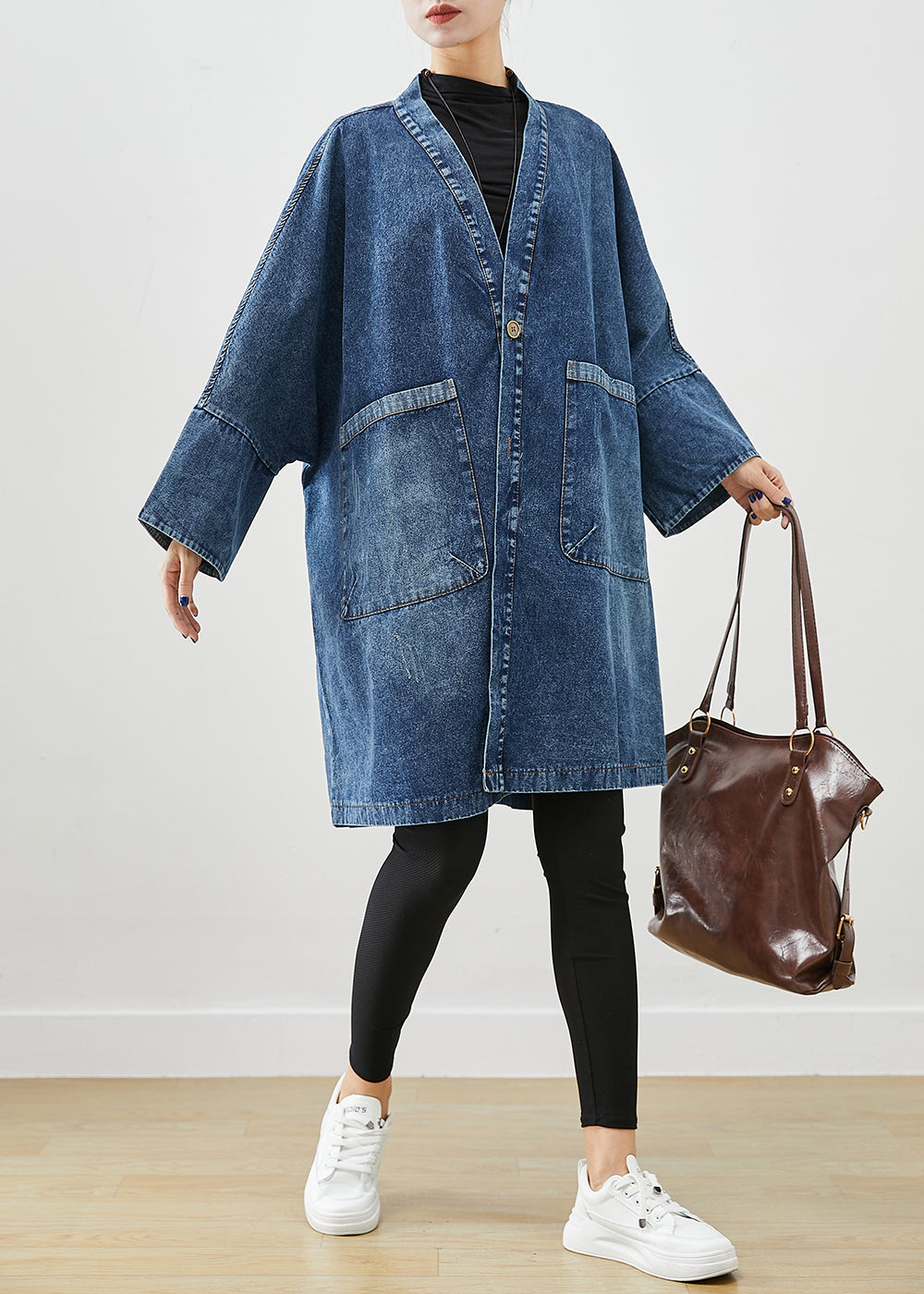 Boho Blue Surdimension Pockets Trench Coats Batwing Sleeve