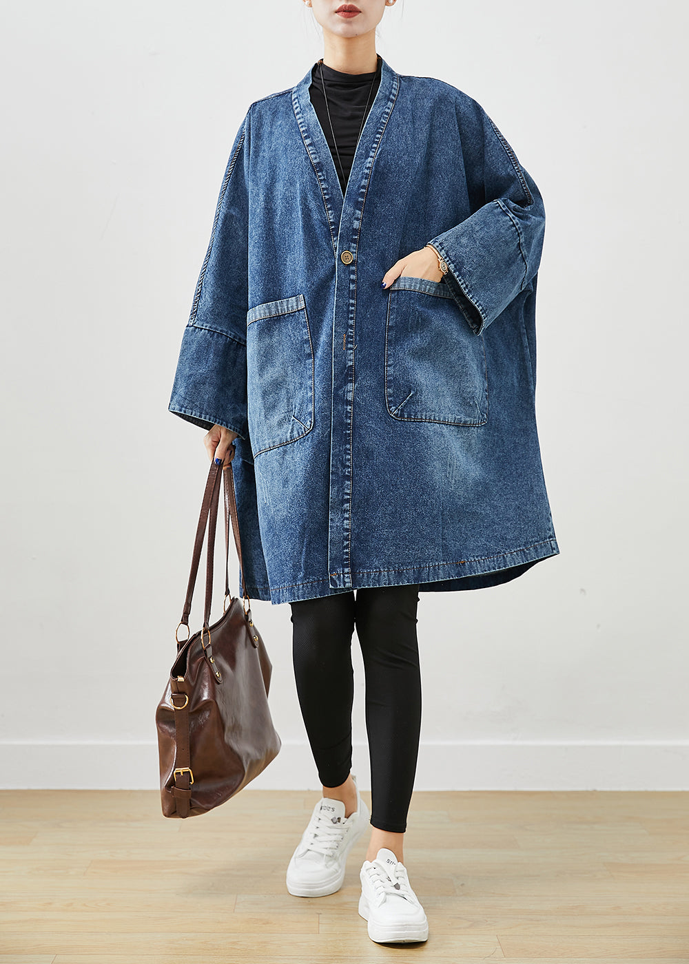 Boho Blue Surdimension Pockets Trench Coats Batwing Sleeve