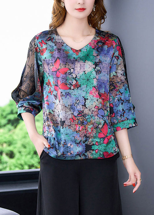 Boho Blue V Neck Butterfly Print Lace Patchwork Silk Shirt Half Mancheve