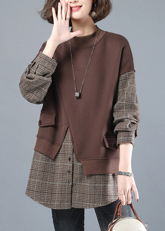 Boho Chocolate Color O-Neck Patchwork Faux Two Pieces Sweatshirt