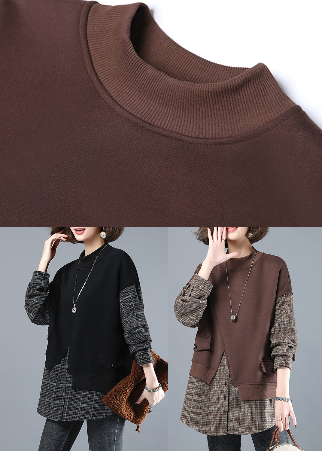 Boho Chocolate Color O-Neck Patchwork Faux Two Pieces Sweatshirt