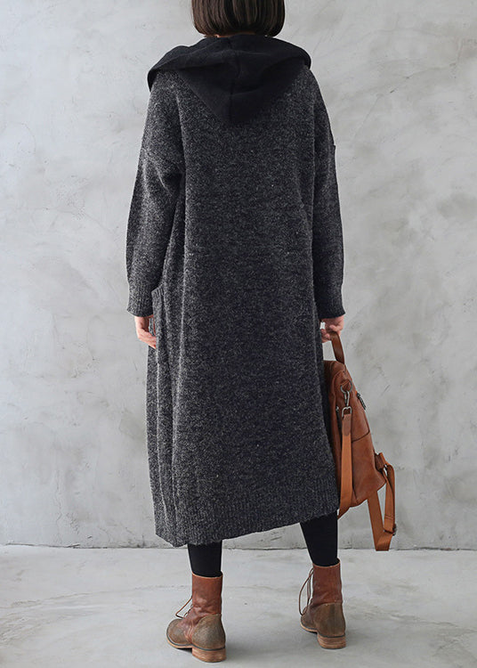 Boho Dark Grey Wool Patchwork Knit Hooded Maxi Trench Coats Fall