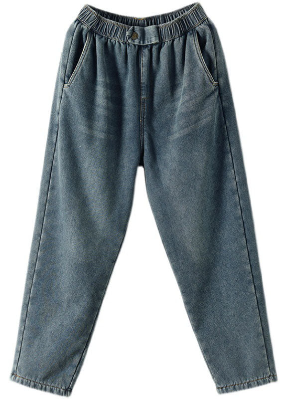 Boho Denim Blue Elastic Pockets épais Pantalons de harem en molleton chaud chaud Hiver