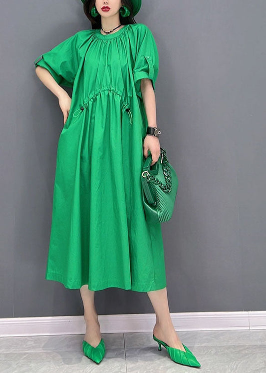 Boho Green O-Neck Drawstring Wrinkled Cotton Holiday Dress Summer