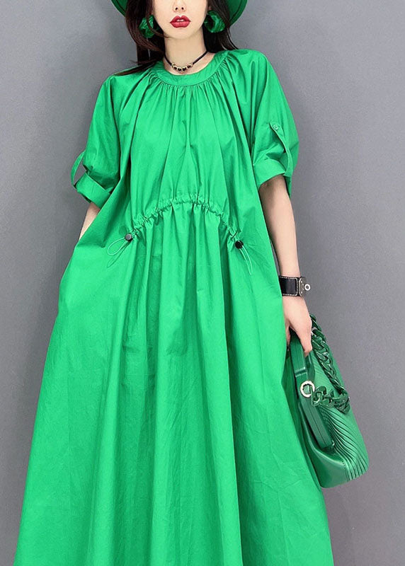 Boho Green O-Neck Drawstring Wrinkled Cotton Holiday Dress Summer