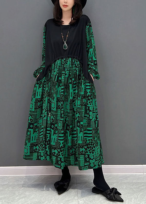 Boho Green O-Leck Patchwork Drawstring Cotton Maxi Robes Fall