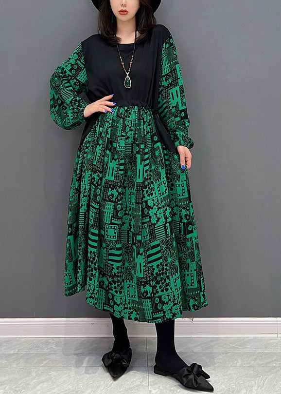 Boho Green O-Leck Patchwork Drawstring Cotton Maxi Robes Fall