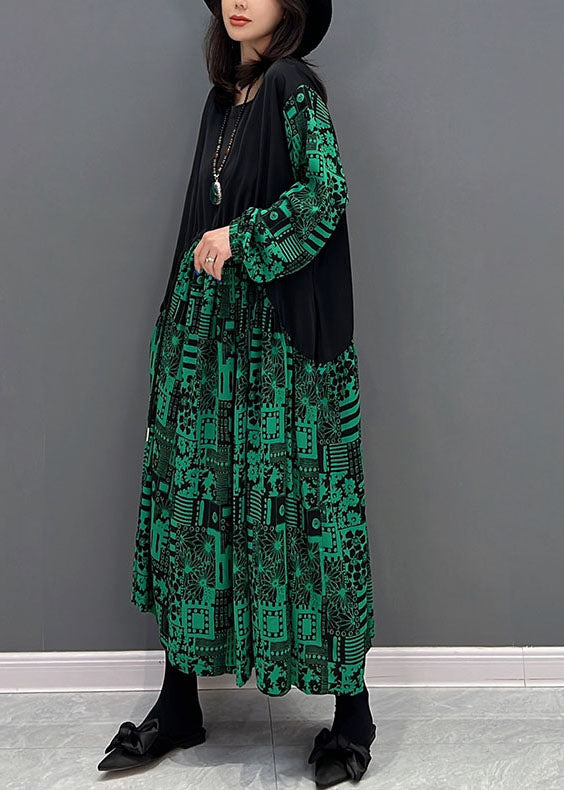 Boho Green O-Leck Patchwork Drawstring Cotton Maxi Robes Fall