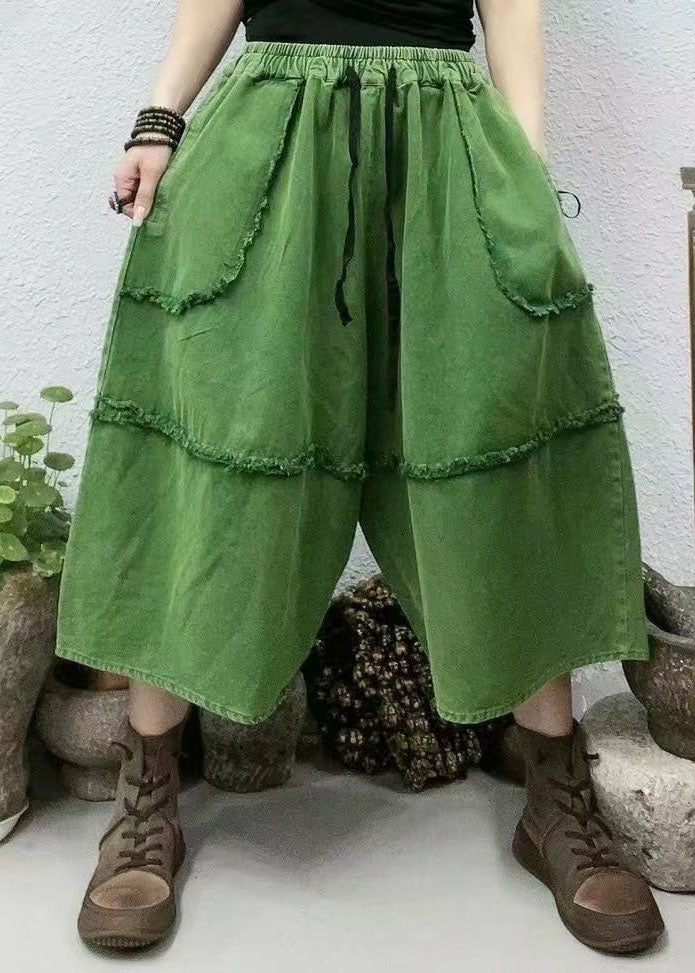 Boho Green Pockets Patchwork Elastic Taist Denim Crop Pantal Summer