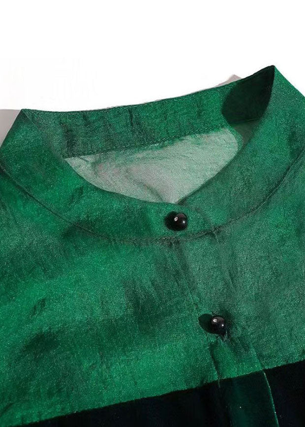 Boho Green Stand Collar Patchwork Silk Velor Shirt Top Spring