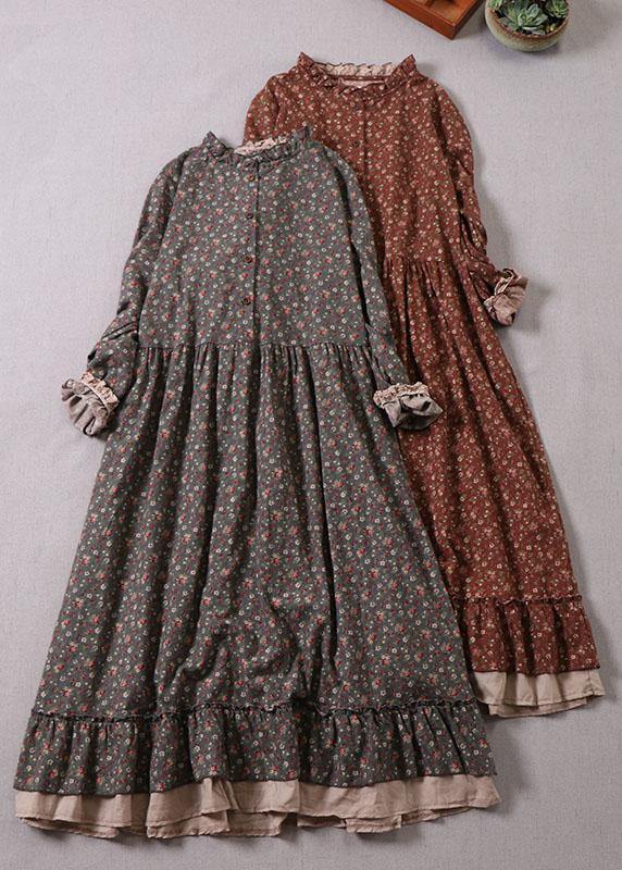 Boho Grey Ruffles Ruffled Patchwork Fall Print Long Dresses Long sleeve - SooLinen