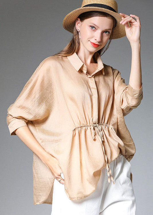 Boho Khaki Solid Peter Pan Collar Silk Shirts Tops à manches longues