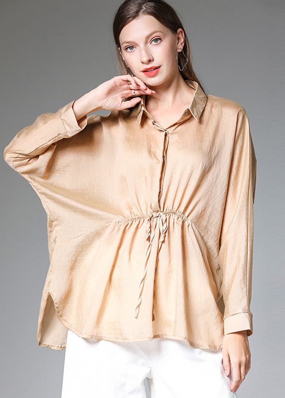 Boho Khaki Solid Peter Pan Collar Silk Shirts Tops à manches longues