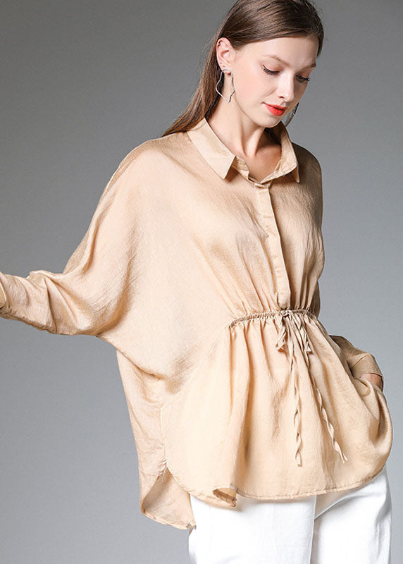 Boho Khaki Solid Peter Pan Collar Silk Shirts Tops à manches longues