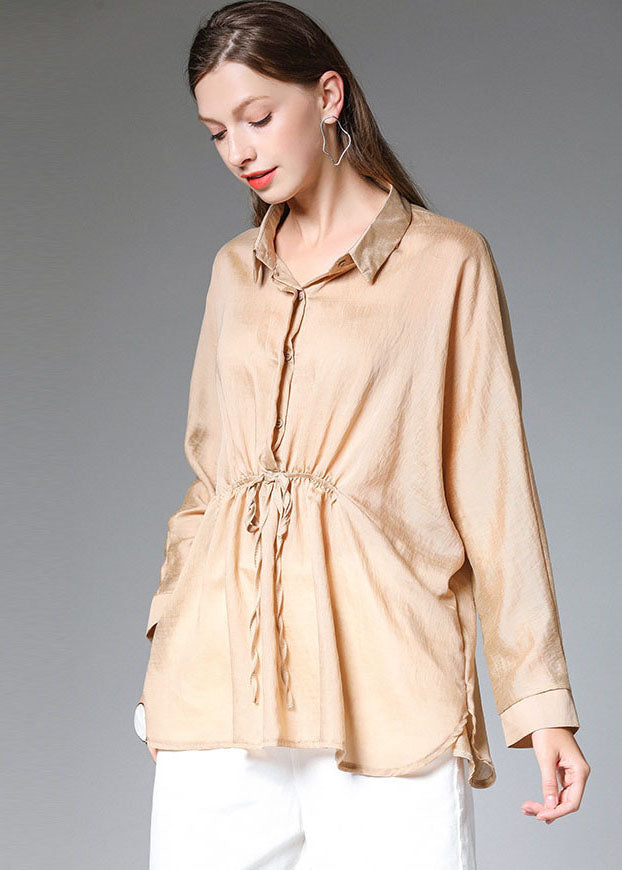 Boho Khaki Solid Peter Pan Collar Silk Shirts Tops à manches longues