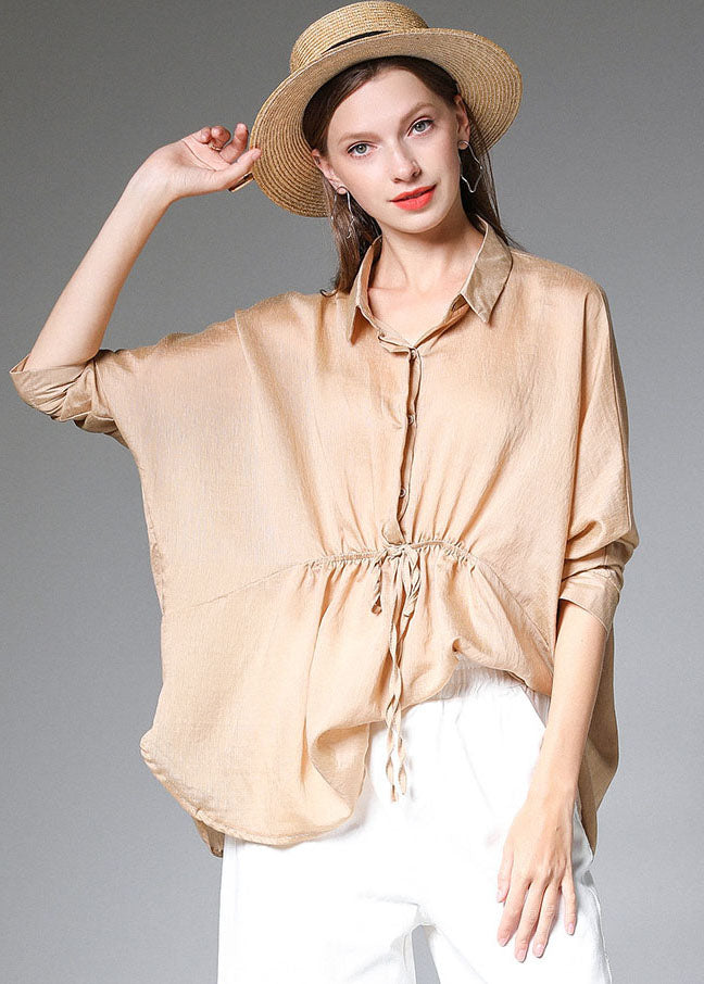 Boho Khaki Solid Peter Pan Collar Silk Shirts Tops à manches longues