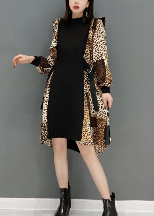 Boho Leopard Print Tie Taon Patchwork Robes en mousseline de soie printemps