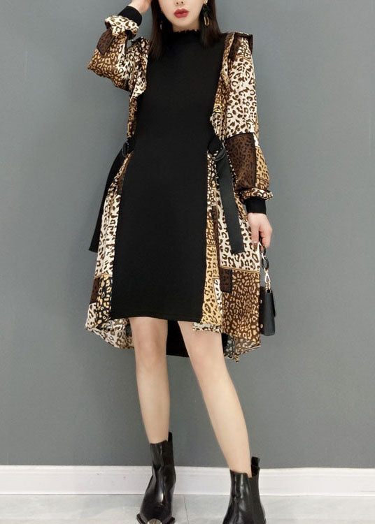 Boho Leopard Print Tie Taon Patchwork Robes en mousseline de soie printemps