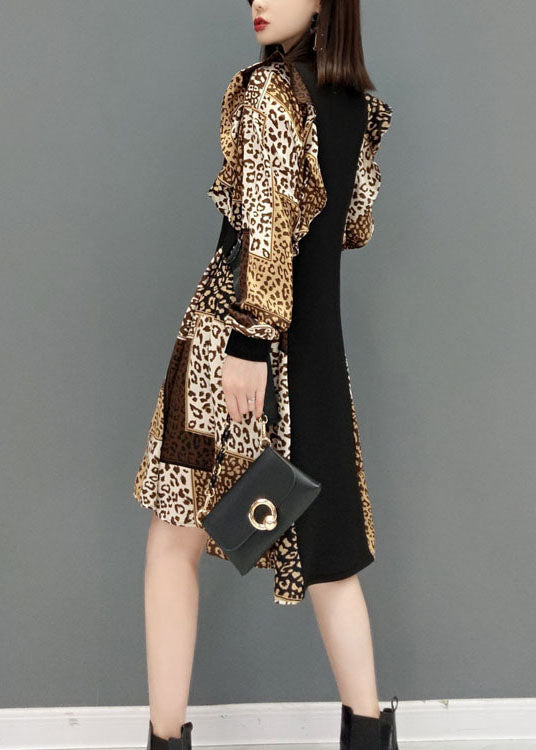 Boho Leopard Print Tie Taon Patchwork Robes en mousseline de soie printemps