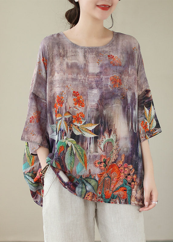 Boho Light Purple O-Neck Print Linen Top Long Sleeve