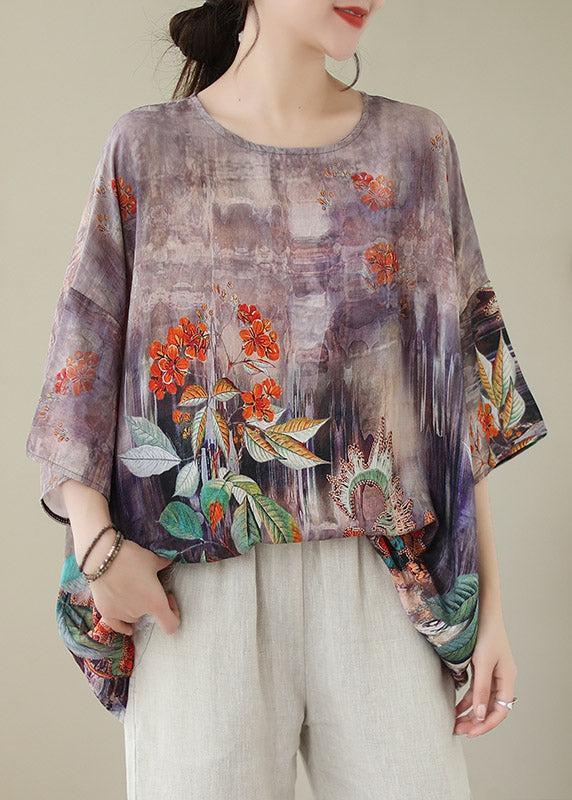 Boho Light Purple O-Neck Print Linen Top Long Sleeve