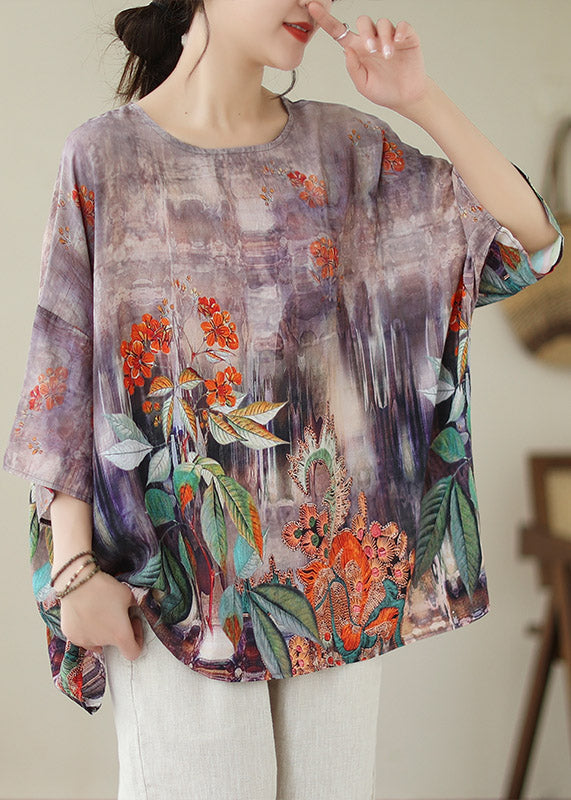 Boho Light Purple O-Neck Print Linen Top Long Sleeve