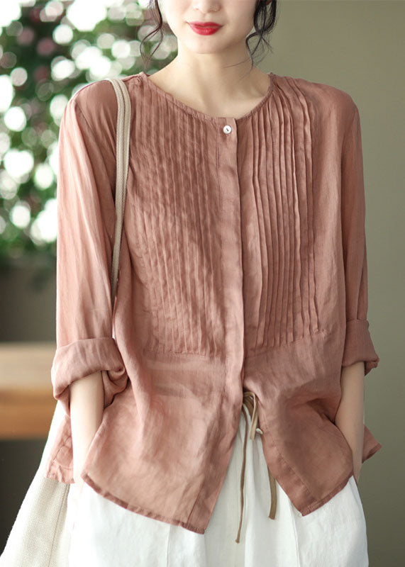 Boho Pink O Neck Patchwork Shirts en lin plissé printemps