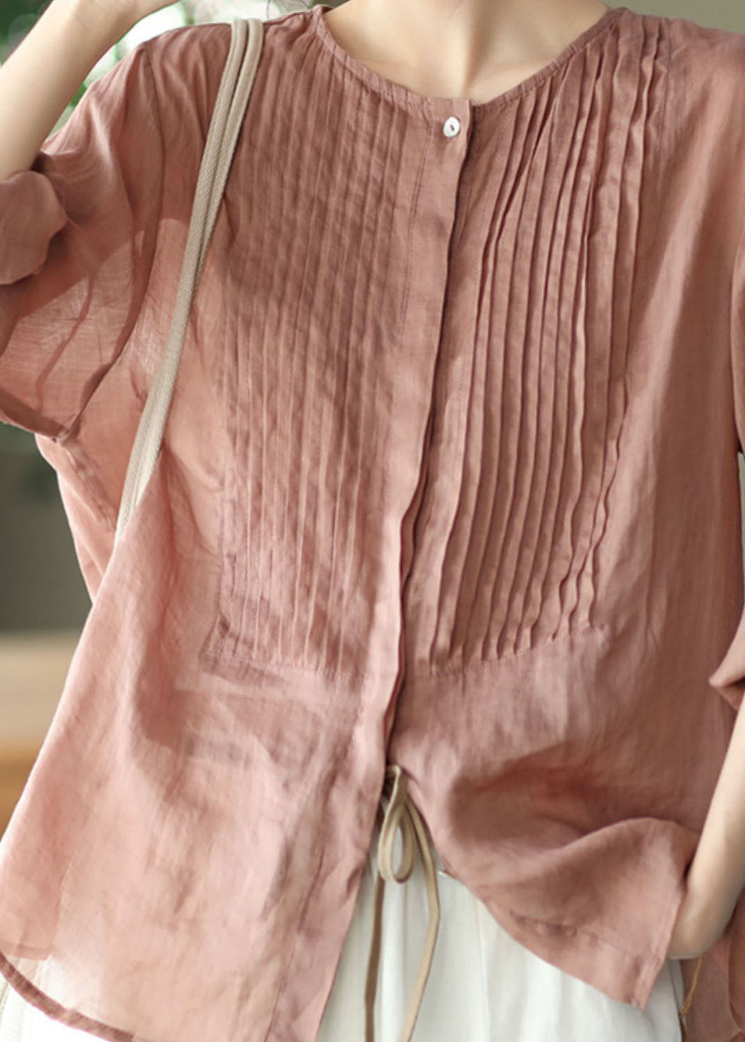 Boho Pink O Neck Patchwork Shirts en lin plissé printemps