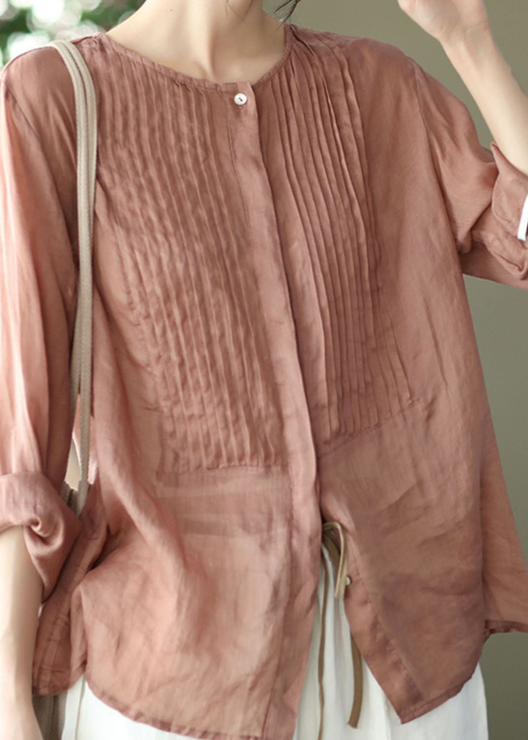 Boho Pink O Neck Patchwork Shirts en lin plissé printemps