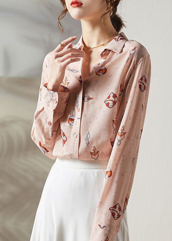 Boho Pink Peter Pan Collar Print Silk Blouses Spring