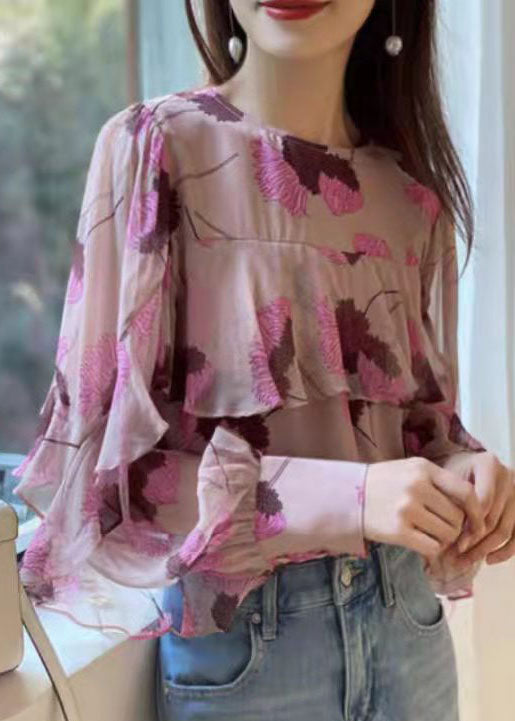 Boho Pink Ruffled O-Leck Primp Patchwork Murffon Shirt