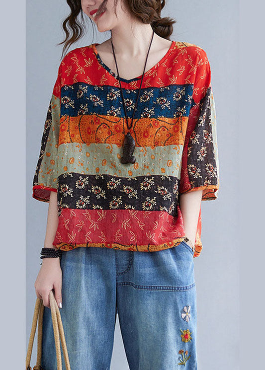 Boho Print V Neck Patchwork DrawString Fall Fall Blouses Half mancheve