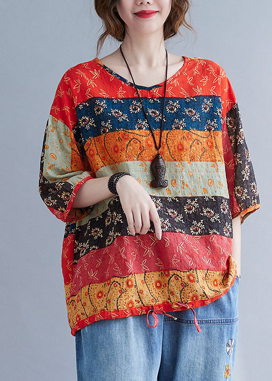 Boho Print V Neck Patchwork DrawString Fall Fall Blouses Half mancheve