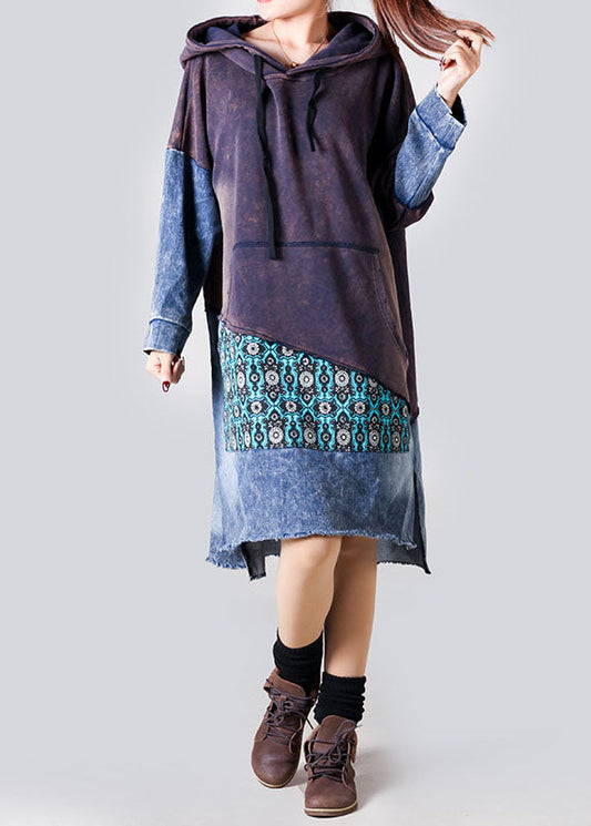 Boho Purple Hotted Denim Patchwork Cotton Robe Spring