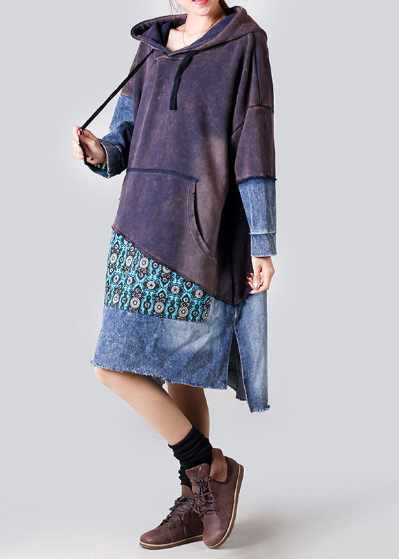 Boho Purple Hotted Denim Patchwork Cotton Robe Spring