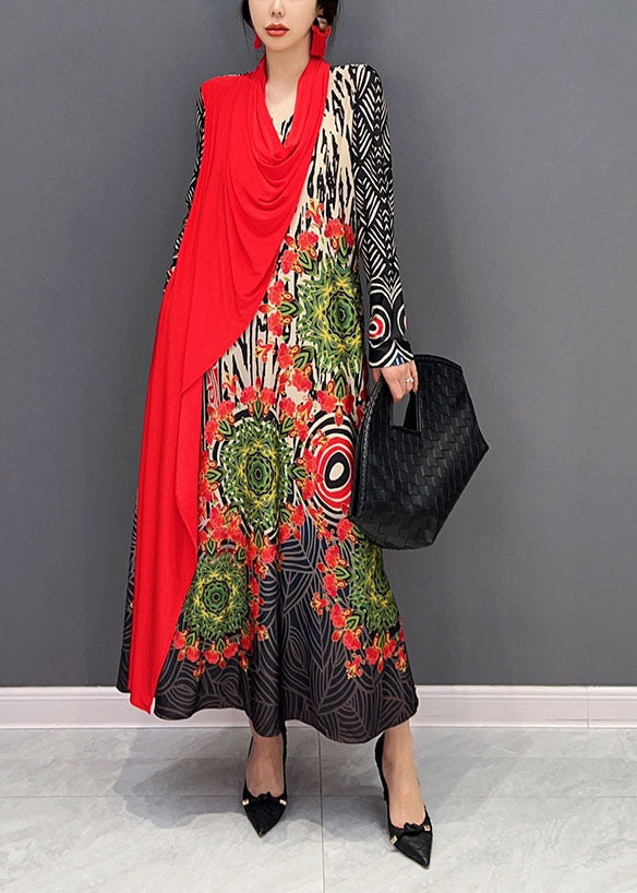 Boho Red Asymétrical Patchwork Print MAXI Robe Spring