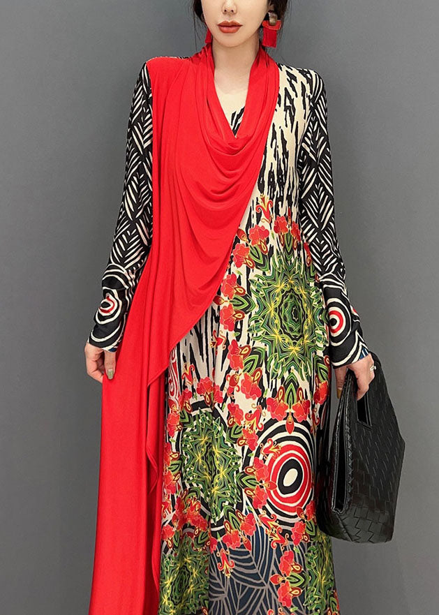 Boho Red Asymétrical Patchwork Print MAXI Robe Spring